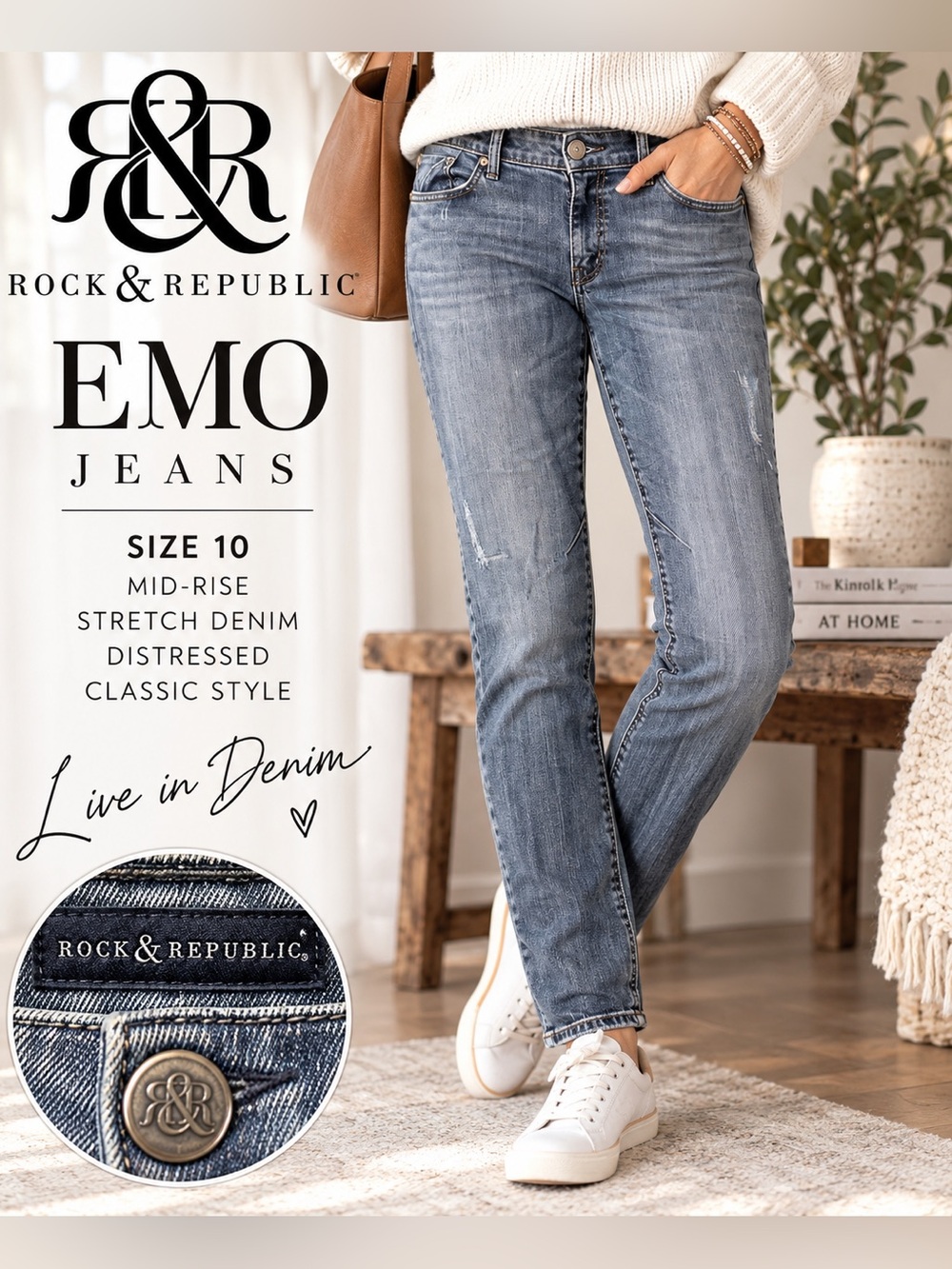 Rock & Republic EMO Jeans Womens 10 Medium Wash Distressed Stretch Denim Y2K
